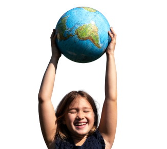 A child holding up an Earth ball